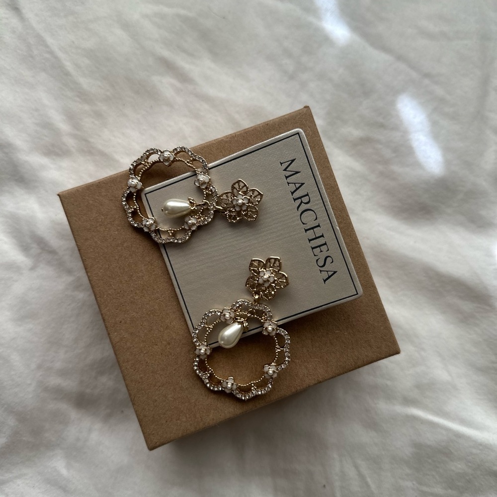 GoldTone Mother of Pearl, Imitation Pearl & Crystal Flower Orbital Drop Earrings - Picture 2 of 6